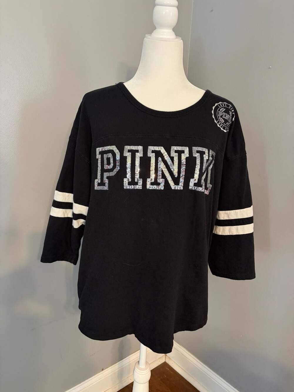 PINK Victoria's Secret Black Sequin Campus Long Sleeve Tee Shirt Large